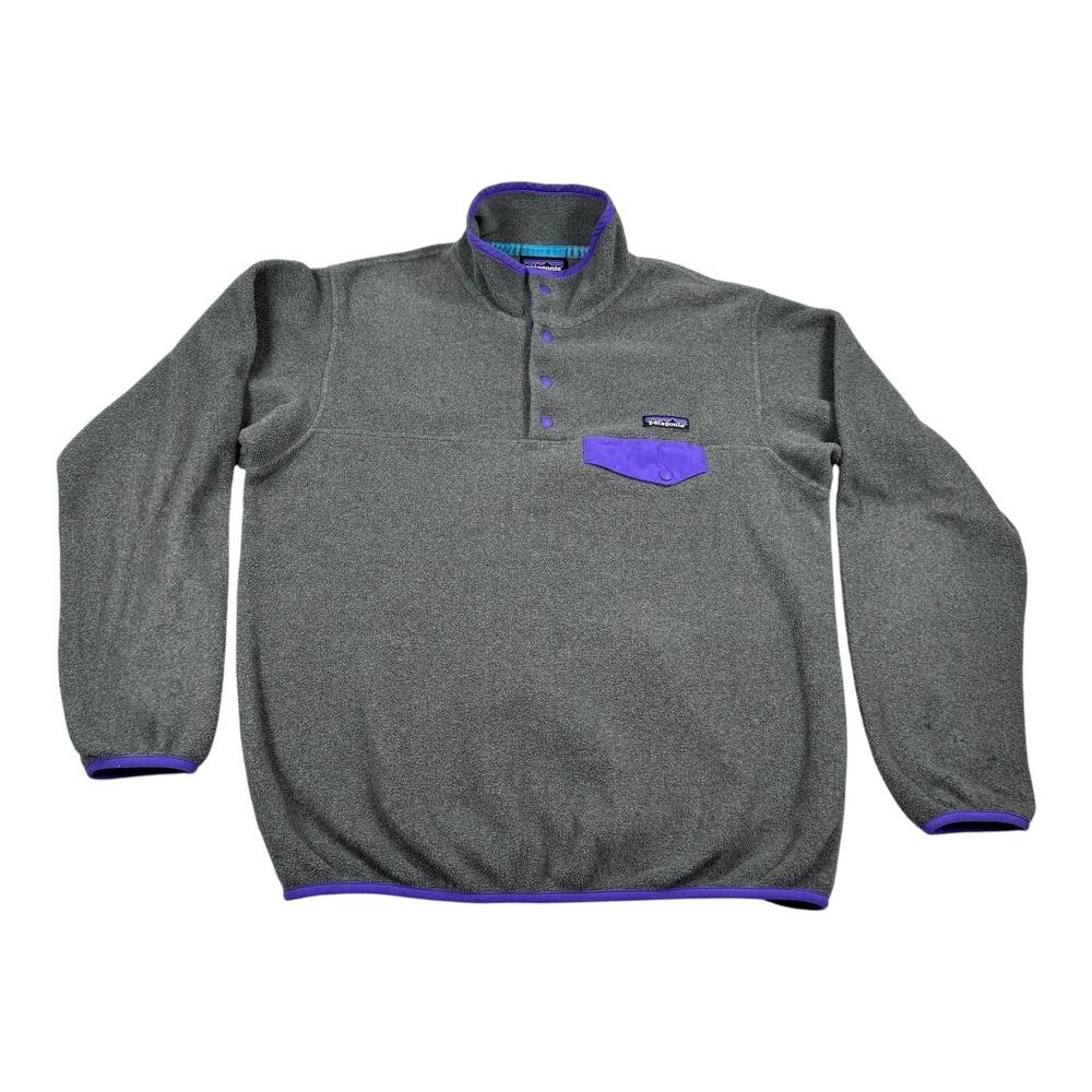 Patagonia Synchilla Sweater Womens M Gray Snap T Fleece Pullover Purple Trim
